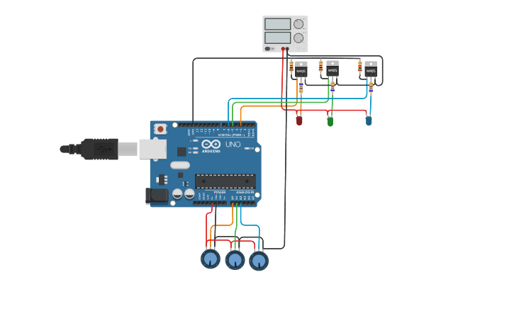 Circuit design Rgb led control met arduino en N-ch Mosfet - Tinkercad