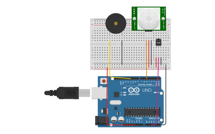 Circuit design Piezo y PIR + TMP | Tinkercad