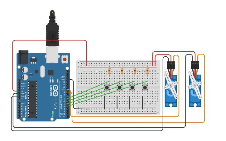 Circuit design Copy of 2 servos con pulsadores - Tinkercad