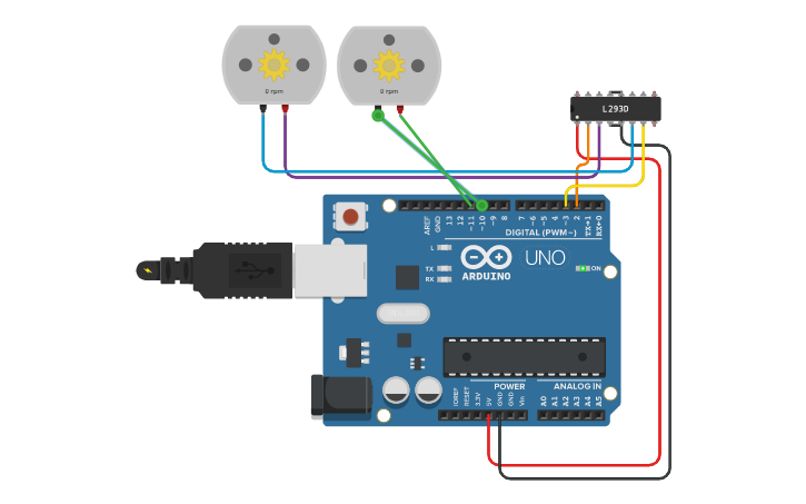 Circuit design 4 Motors with 2 L293D - Tinkercad