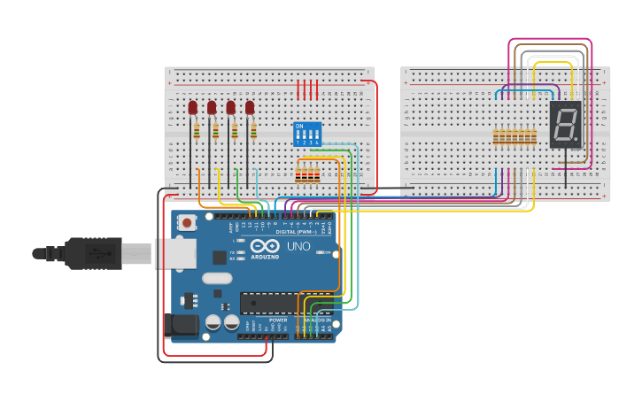 Circuit design Binary LEDs + HEX converter - analog inputs | Tinkercad