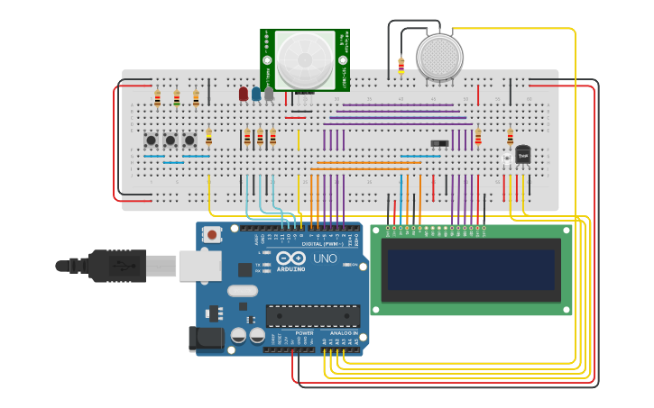 Circuit design 3 Sensors + LCD - Tinkercad
