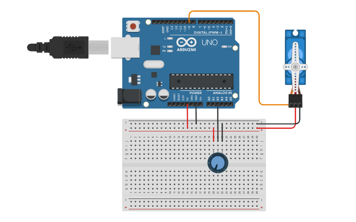 Circuit design Yuyuan Lab 12-3 Control Servo with Potentiometer | Tinkercad