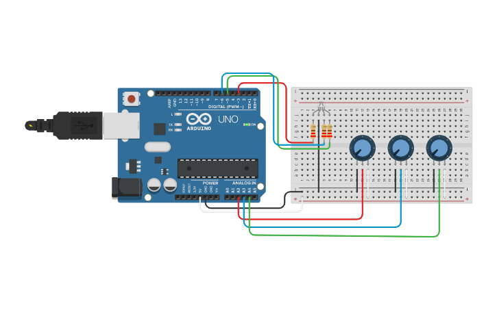 Circuit design Ejercicio LED RGB CONTROLADO POR POTENCIOMETROS - Tinkercad