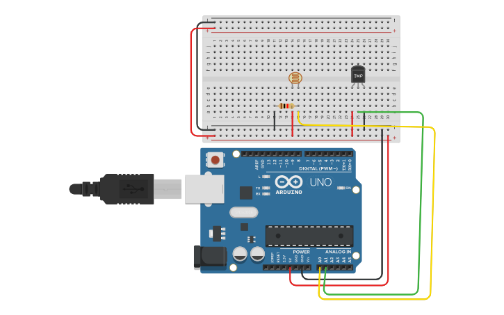 Circuit design Temperature and Photoresistor using Arduino - Tinkercad