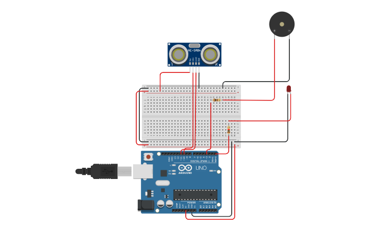 Circuit design Distance Sensor with Buzzer - Tinkercad