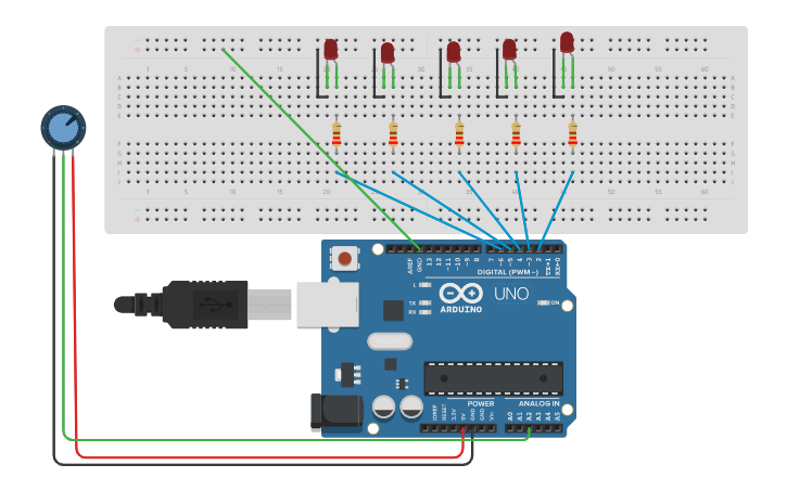 Circuit design 5 led con potenziometro - Tinkercad