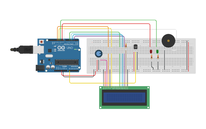 Circuit design Temperature sensor with buzzer and LEDs - Tinkercad