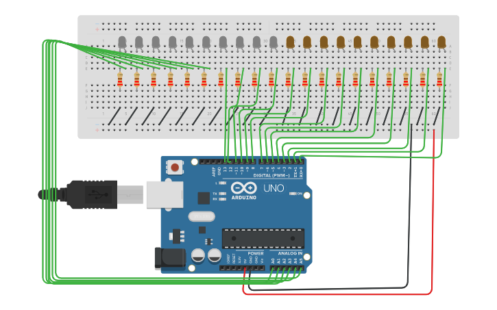 Circuit design 20 Leds con 5 efectos - Tinkercad