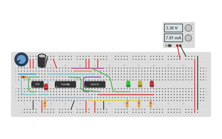 Circuit design Semaforo con 555, 7408, 7474 - Tinkercad