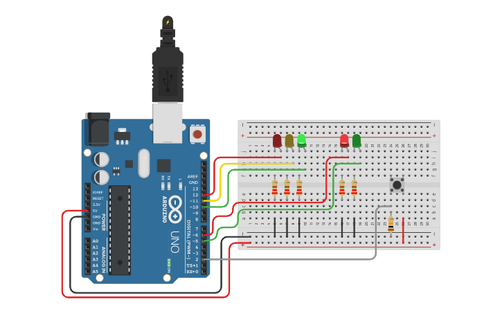 Circuit design Semaforo con chiamata pedonale - Tinkercad