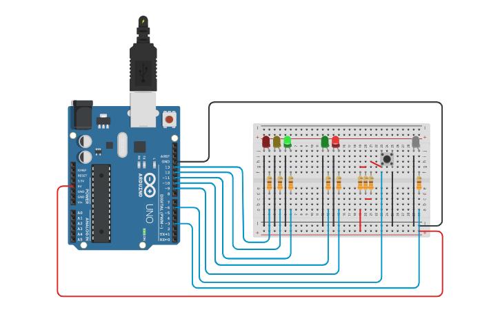 Circuit design Semáforo vehicular y peatonal con Arduino One y pulsador ...