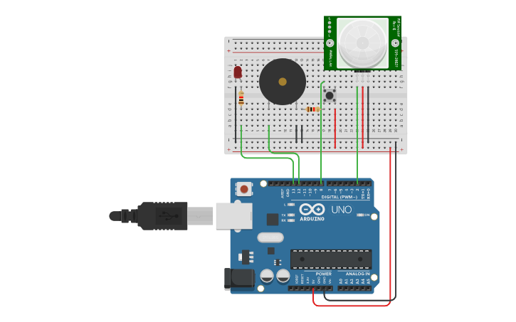 Circuit design PIR sensor, Piezo, LED - Tinkercad