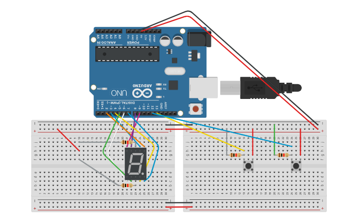 Circuit design SEVEN SEGMENT WITH BUTTON - Tinkercad