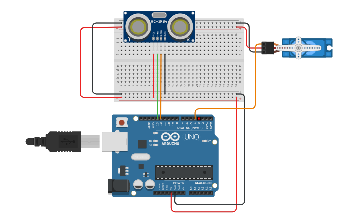 Circuit design Copy of Q_HC-SR04 Project 5: servo motor | Tinkercad