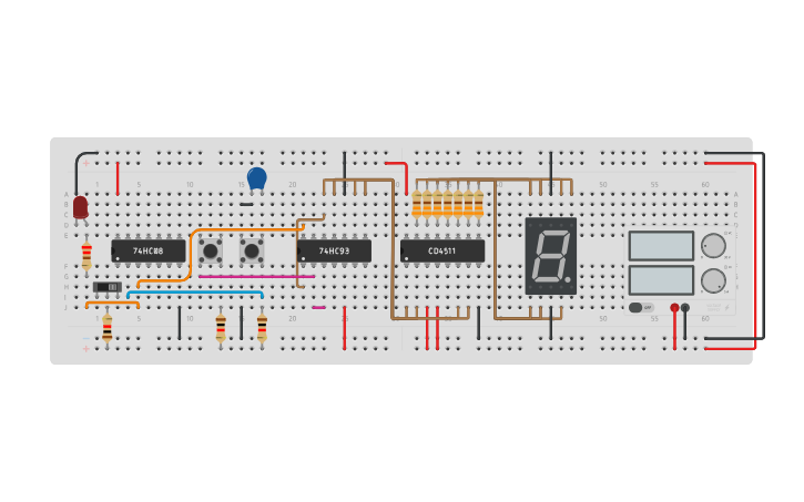 Circuit design Totalizing Counter (0 to 9 with Reset SW) | Tinkercad