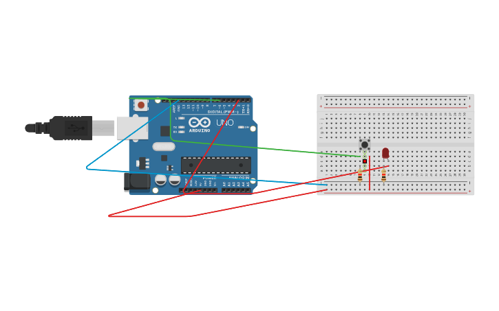 Circuit design 10 times led blinking using push button - Tinkercad