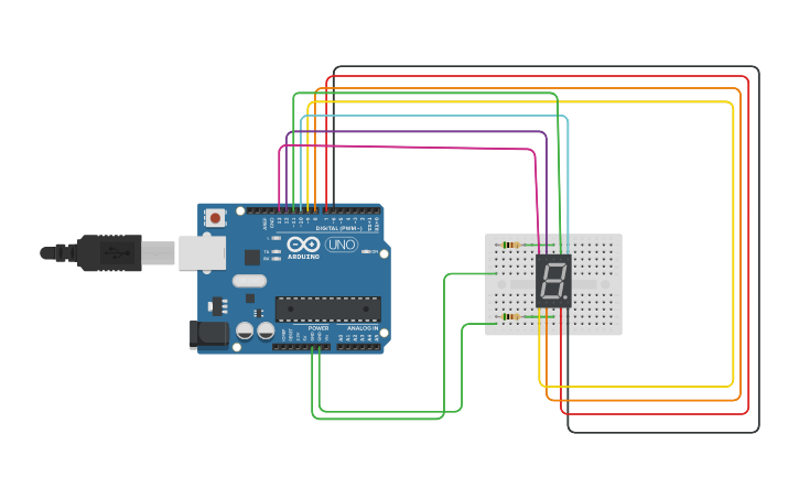 Circuit design Blink 0-9 using a 7 segment display. - Tinkercad