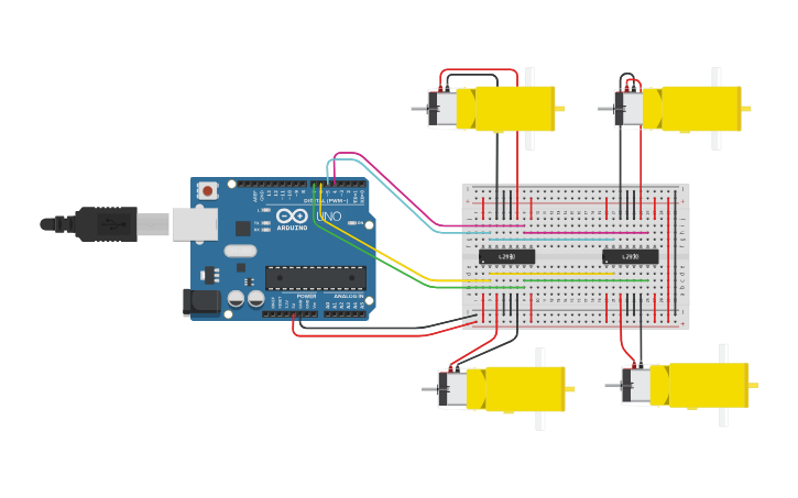 Circuit design Cuatro motores | Tinkercad