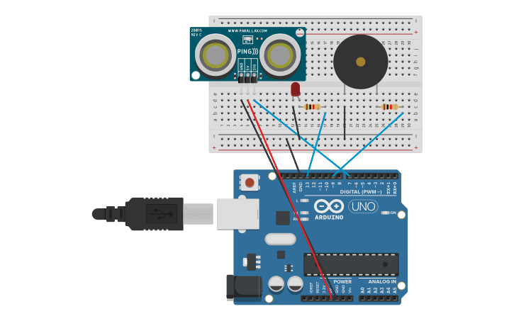 Circuit design Wk 5 Arduino Ultrasonic Sensor - Tinkercad