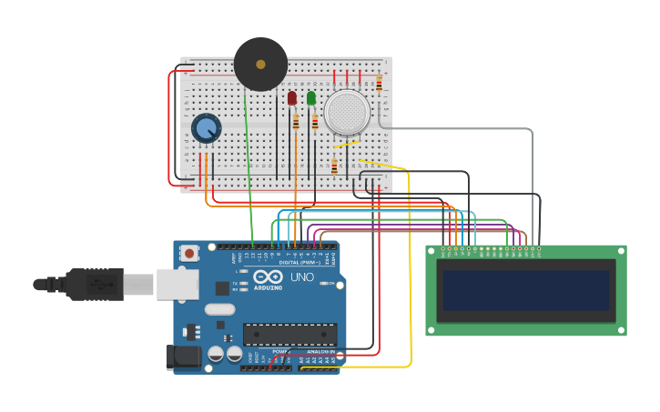 Circuit design Gas detector using LCD, Buzzer, and LED - Tinkercad