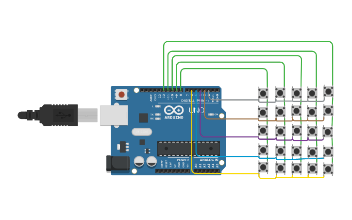 Circuit design InterfacingArduinoWith5*5PushButtons - Tinkercad