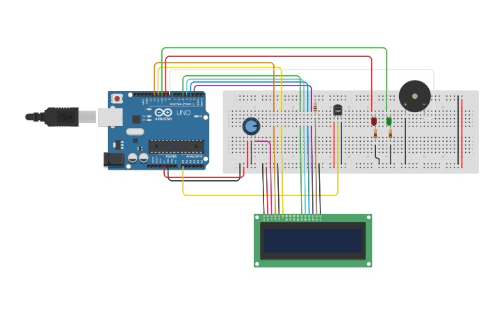 Circuit design Draft design termo, buzzer, led | Tinkercad