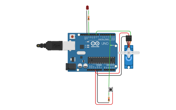 Circuit design Button, Servo, LED - Tinkercad