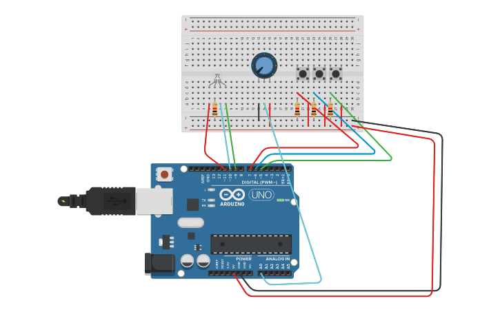 Circuit design LED RGB con un Potenciometro y tres botones - Tinkercad