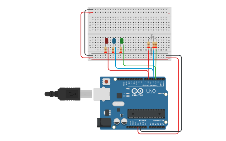 Circuit design MEZCLA DE COLORES CON LED RGB - Tinkercad