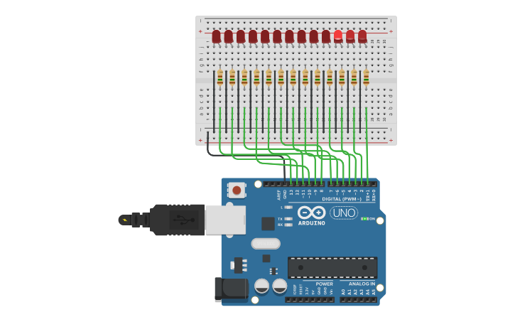 Circuit design Svetelny had s cyklusom 13 led | Tinkercad