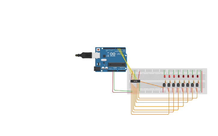 Circuit design Shift Register with 8 LED's | Tinkercad