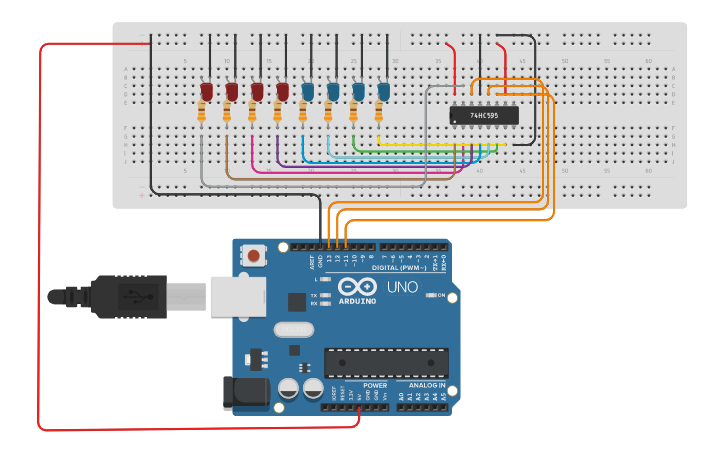 Circuit design Shift Register with arduino - Tinkercad