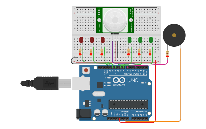 Circuit design Sensor Pir con LEDs y sonidos diferentes | Tinkercad