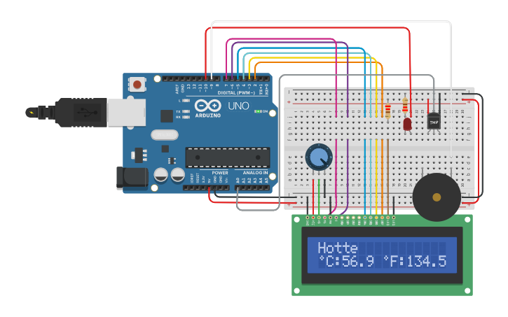 Circuit design Temperature Sensor with LCD, Buzzer, LED - Tinkercad