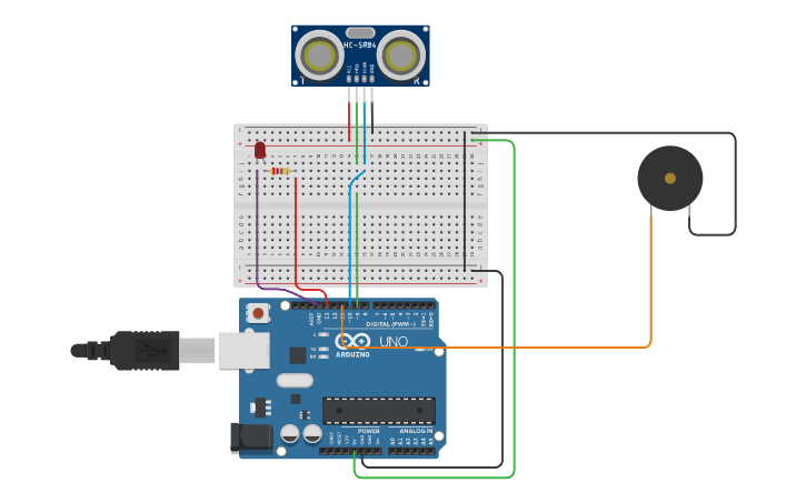 Circuit design HC-SR04 con Buzzer e LED - Tinkercad