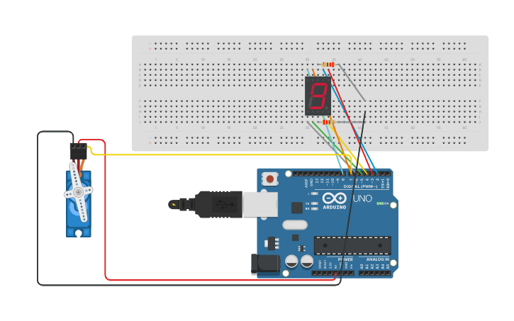 Circuit design Seven Segment display and Servo motor. - Tinkercad