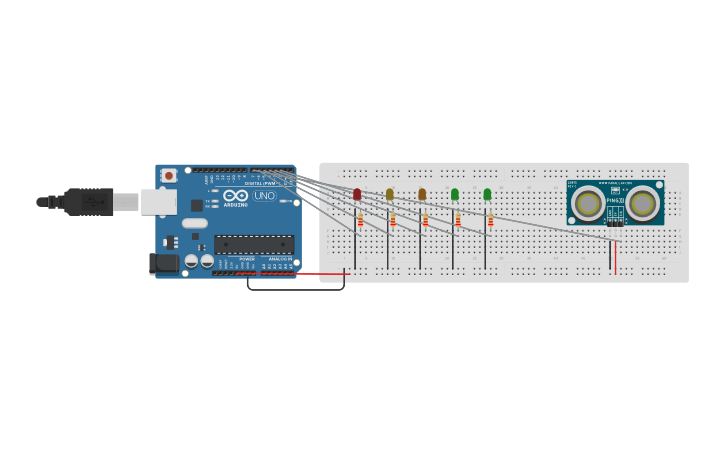 Circuit design circuito con arduino e sensore ultrasuoni | Tinkercad