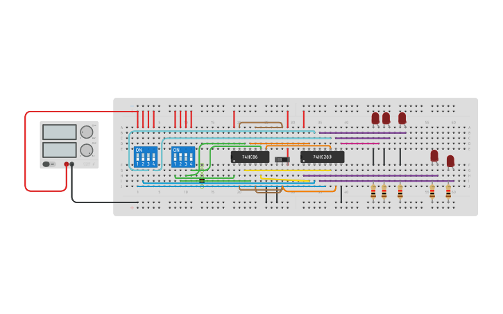 Circuit design 4 bit binary adder/subtractor - Tinkercad