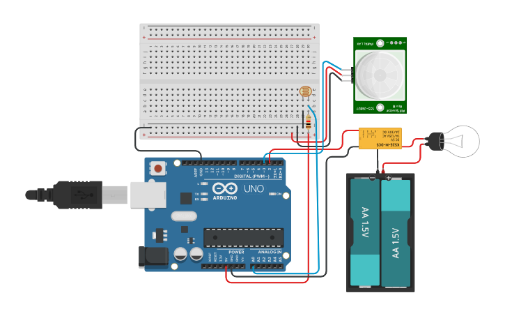 Circuit design Light with PIR sensor (object/target presence) - Tinkercad