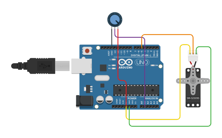 Circuit design ROTATE SERVO MOTOR WITH POTENTIOMETER - Tinkercad