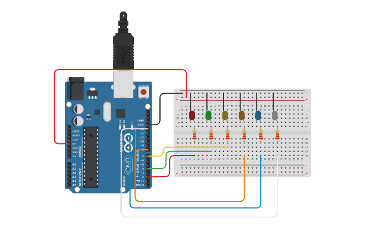 Circuit design 6 LEDS BLINKING IN A ROW USING ARDUINO UNO - Tinkercad