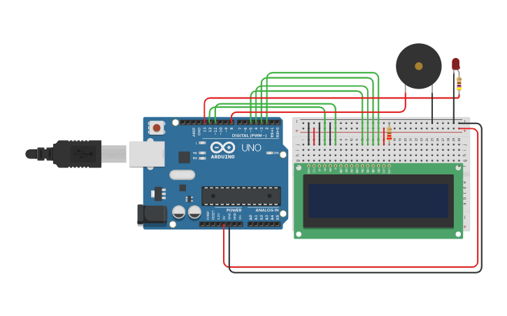 Circuit design Morse Code com LCD - Tinkercad image.