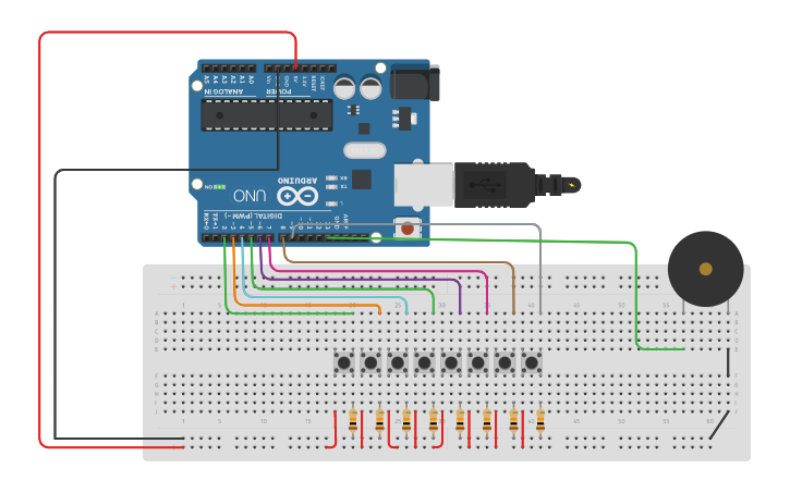 Circuit design Piano Arduino | Tinkercad