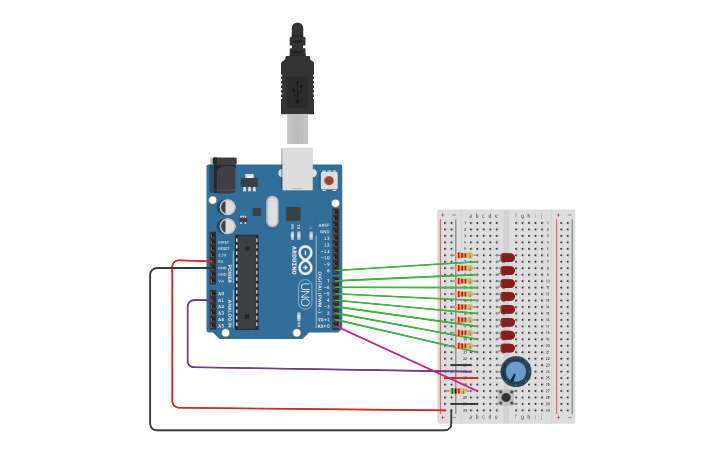 Circuit design led con potenciometro y pulsador - Tinkercad