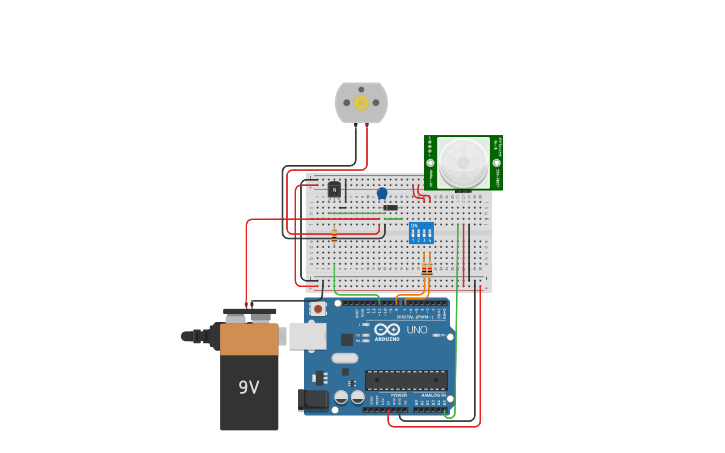 Circuit design 5.E DC Motor with PIR sensor - Tinkercad