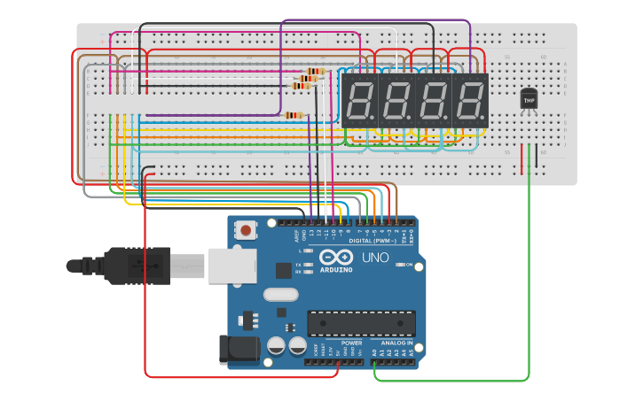 Circuit design Temperature measuring using 7 segment display - Tinkercad