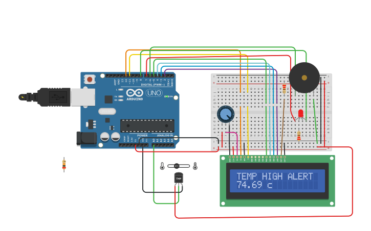 Circuit design Fire alarm system using arduino - Tinkercad