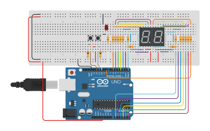 Circuit design Exercício 3 do-while controle de displays e LED - Tinkercad