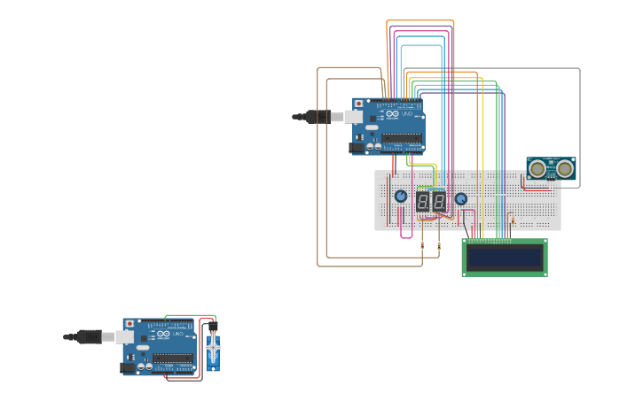 Circuit design 7 segments + ultrasonic sensor - Tinkercad